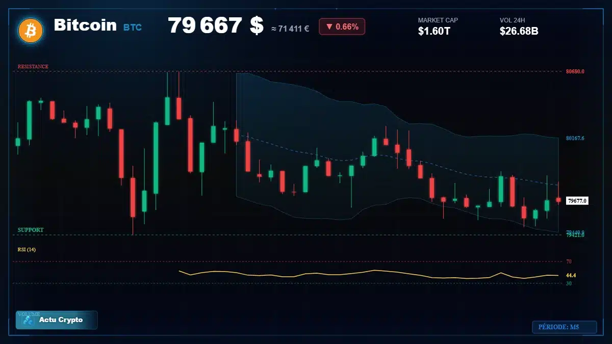 Graphique du cours Bitcoin à 79667 $ Analyse technique du cours de Bitcoin de bitcoin à 79667 $ aujourd'hui