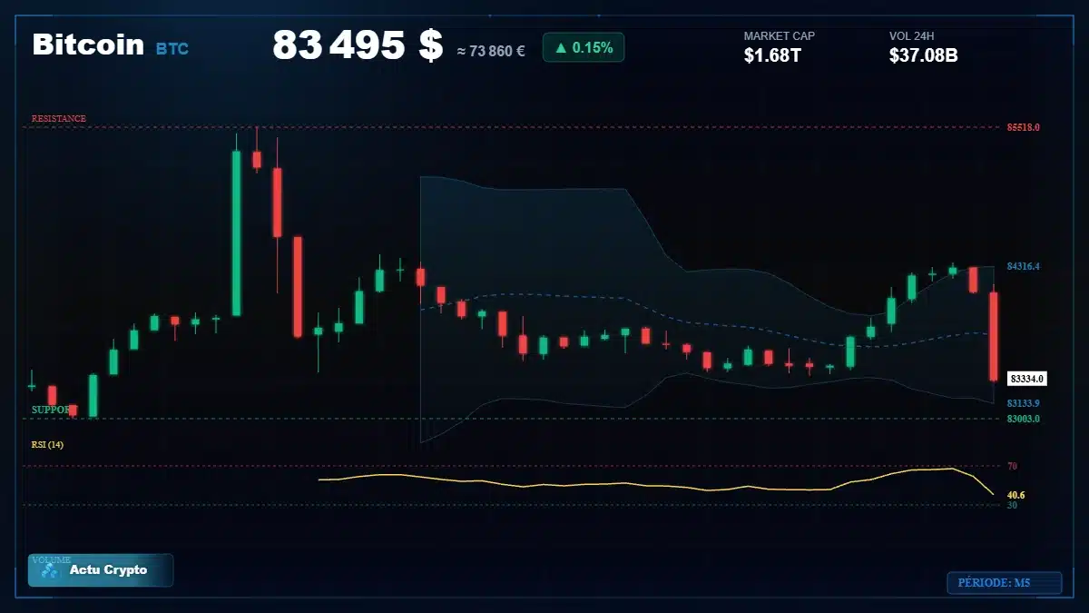 Graphique du cours Bitcoin à 83495 $ Analyse technique du cours de Bitcoin de bitcoin à 83495 $ aujourd'hui