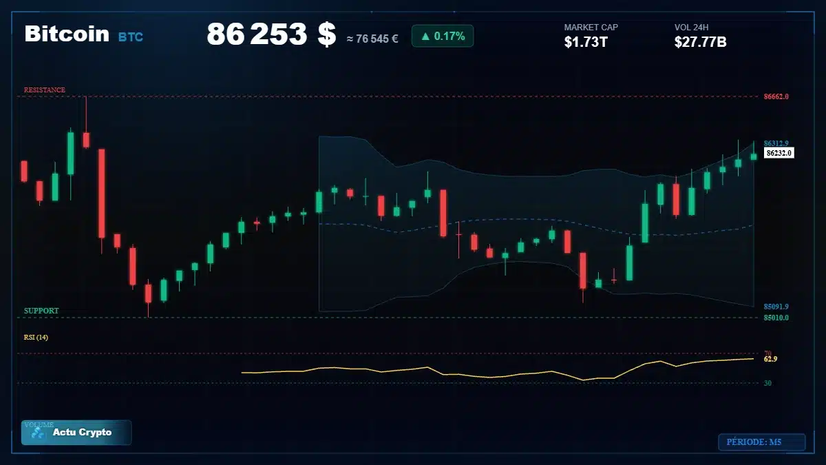 Graphique du cours Bitcoin à 86253 $ Analyse technique du cours de Bitcoin de bitcoin à 86253 $ aujourd'hui