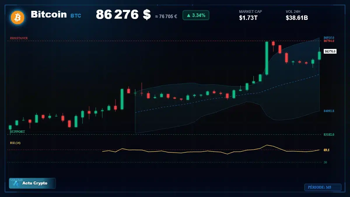 Graphique du cours Bitcoin à 86276 $ Analyse technique du cours de Bitcoin de bitcoin à 86276 $ aujourd'hui