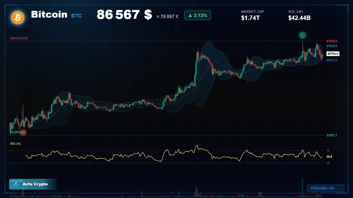 Graphique du cours Bitcoin à 86567 $ Analyse technique du cours de Bitcoin de bitcoin à 86567 $ aujourd'hui