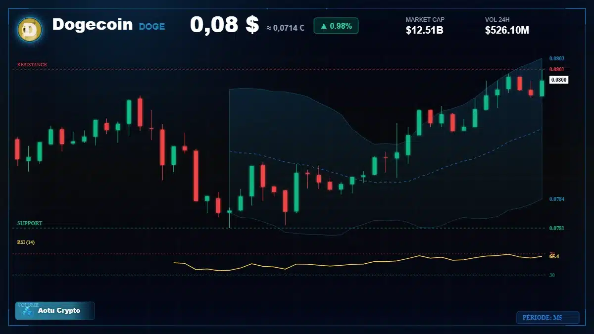 Graphique du cours Dogecoin à 0.08 $ Analyse technique du cours de Dogecoin de dogecoin à 0.08 $ aujourd'hui