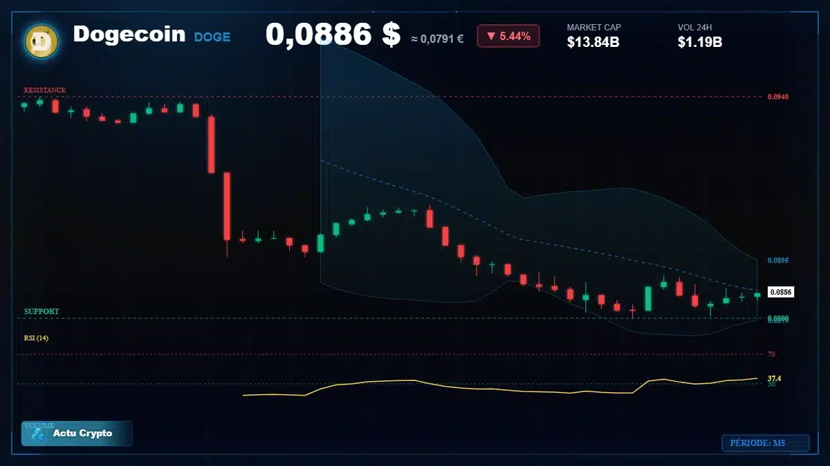 Graphique du cours Dogecoin à 0.09 $ Analyse technique du cours de Dogecoin de dogecoin à 0.09 $ aujourd'hui
