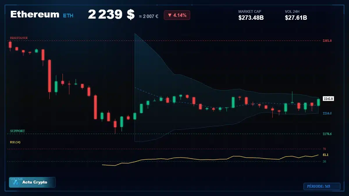 Graphique du cours Ethereum à 2239 $ Analyse technique du cours de Ethereum de ethereum à 2239 $ aujourd'hui