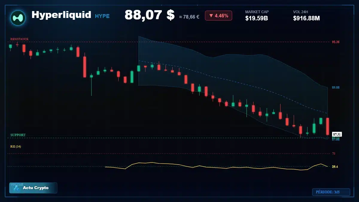 Graphique du cours Hyperliquid à 88.07 $ Analyse technique du cours de Hyperliquid de hyperliquid à 88.07 $ aujourd'hui