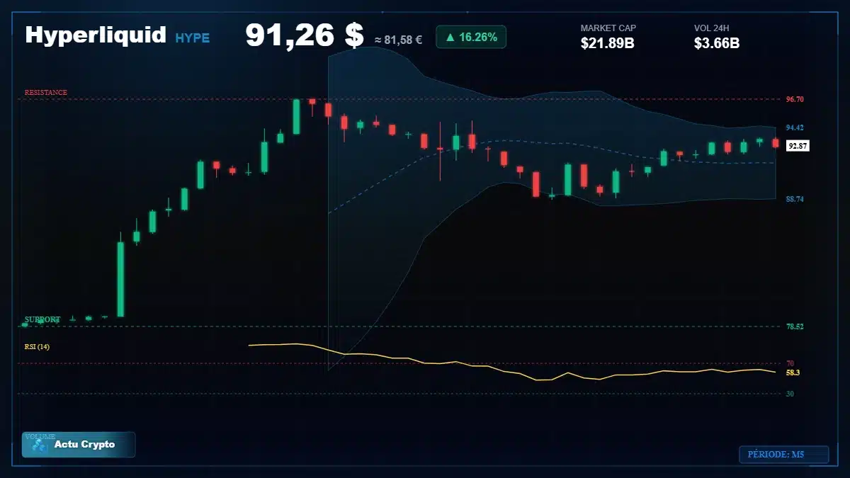 Graphique du cours Hyperliquid à 91.26 $ Analyse technique du cours de Hyperliquid de hyperliquid à 91.26 $ aujourd'hui