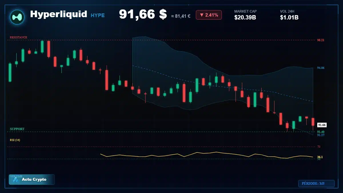 Graphique du cours Hyperliquid à 91.66 $ Analyse technique du cours de Hyperliquid de hyperliquid à 91.66 $ aujourd'hui