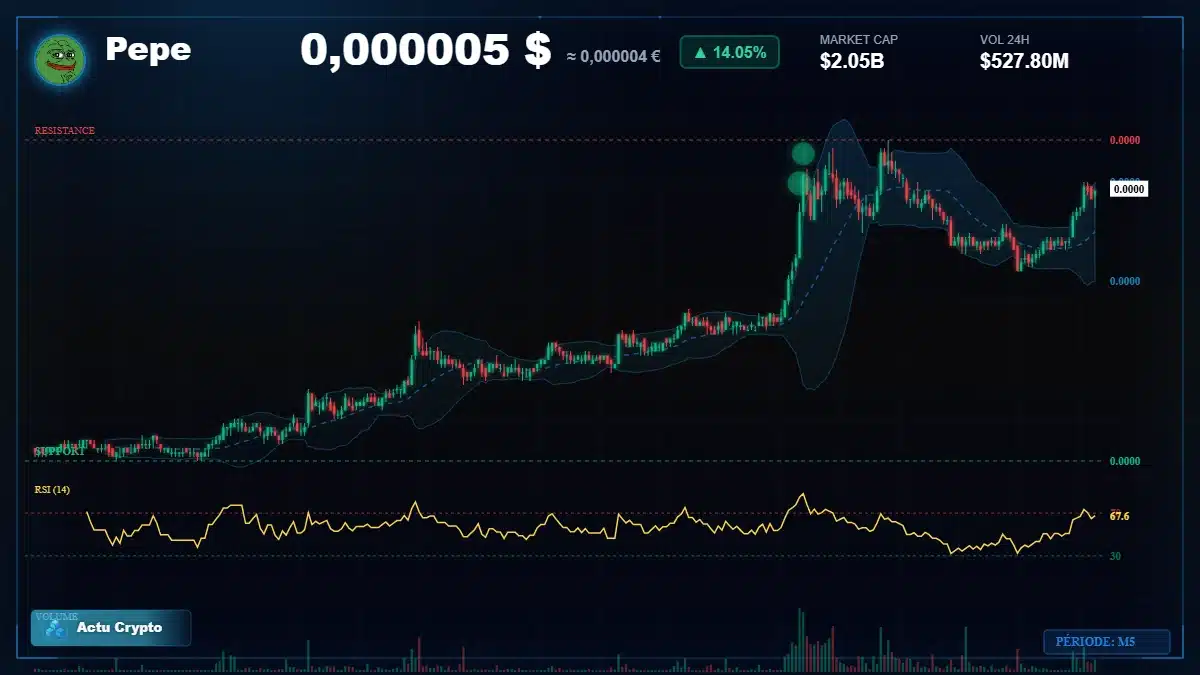 Graphique du cours Pepe à 0.00 $ Analyse technique du cours de Pepe de pepe à 0.00 $ aujourd'hui