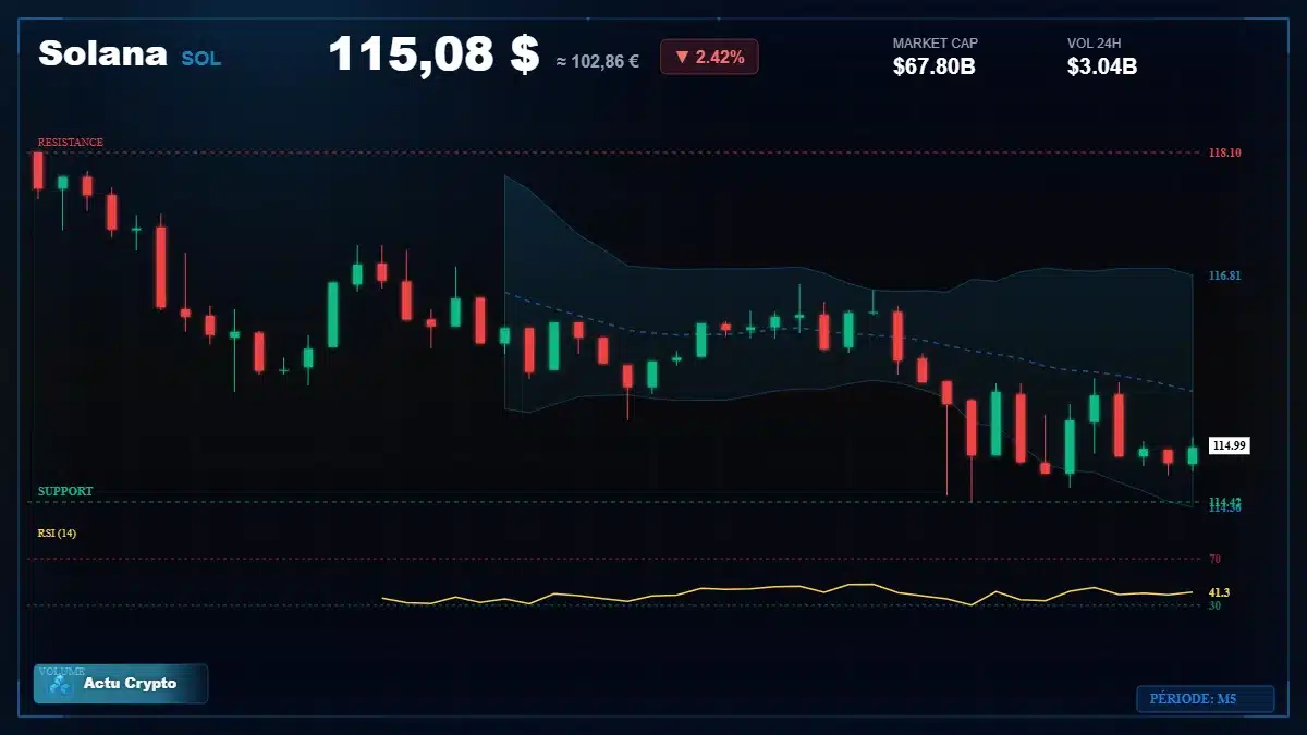 Graphique du cours Solana à 115 $ Analyse technique du cours de Solana de solana à 115 $ aujourd'hui