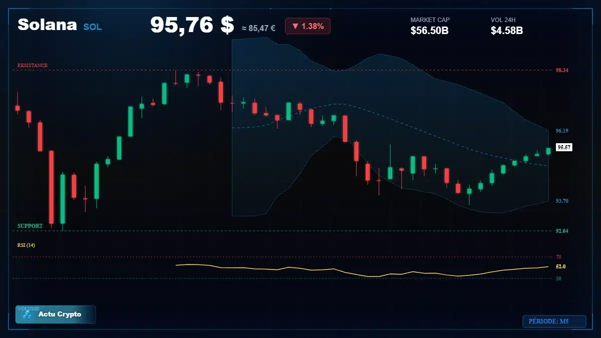 Graphique du cours Solana à 95.76 $ Analyse technique du cours de Solana de solana à 95.76 $ aujourd'hui