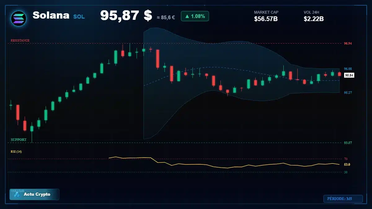 Graphique du cours Solana à 95.87 $ Analyse technique du cours de Solana de solana à 95.87 $ aujourd'hui