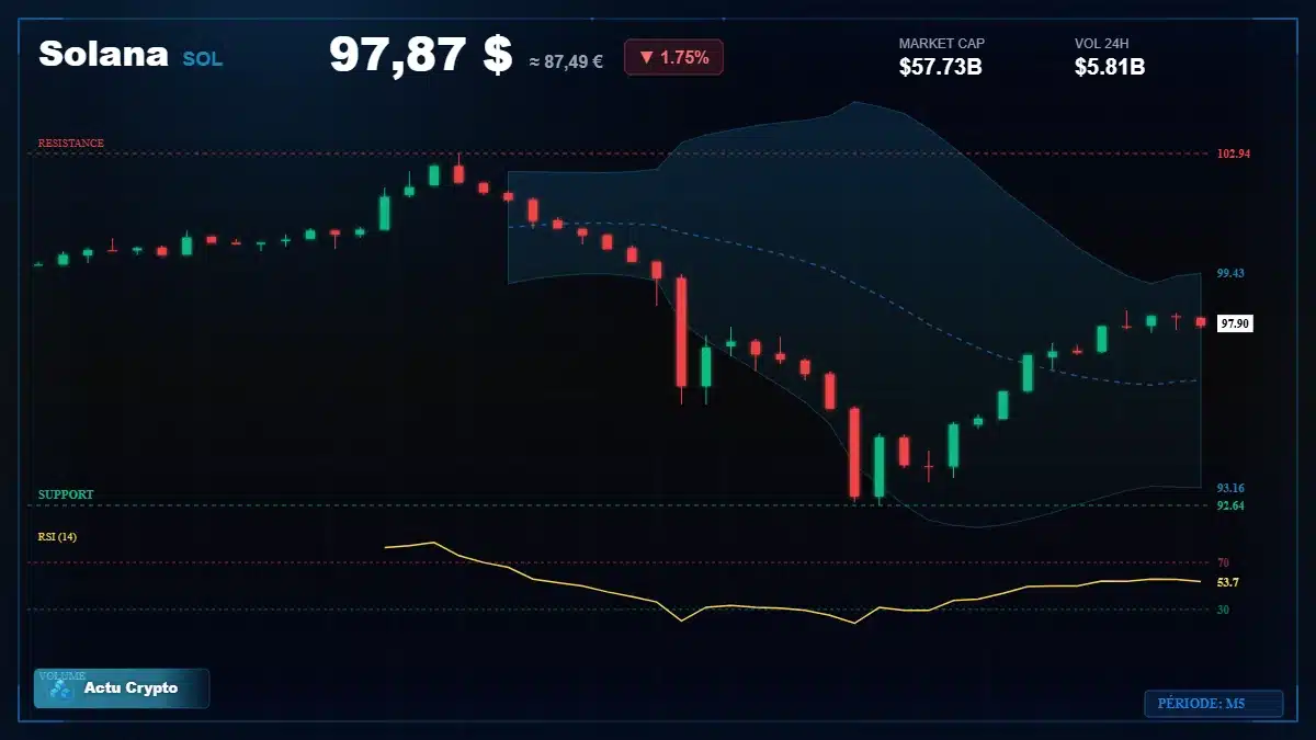 Graphique du cours Solana à 97.87 $ Analyse technique du cours de Solana de solana à 97.87 $ aujourd'hui