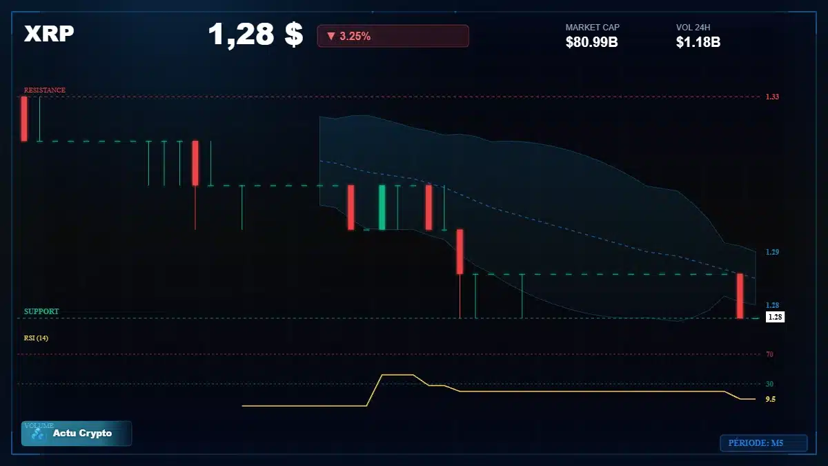 Graphique du cours XRP à 1.28 $ Analyse technique du cours de XRP de ripple à 1.28 $ aujourd'hui