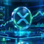 Symbole XRP holographique en trois dimensions devant un graphique de marché avec niveaux techniques et hausse