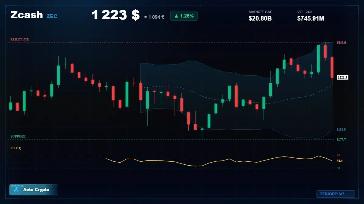 Graphique du cours Zcash à 1223 $ Analyse technique du cours de Zcash de zcash à 1223 $ aujourd'hui