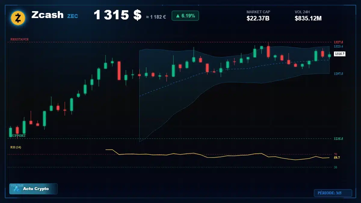 Graphique du cours Zcash à 1315 $ Analyse technique du cours de Zcash de zcash à 1315 $ aujourd'hui