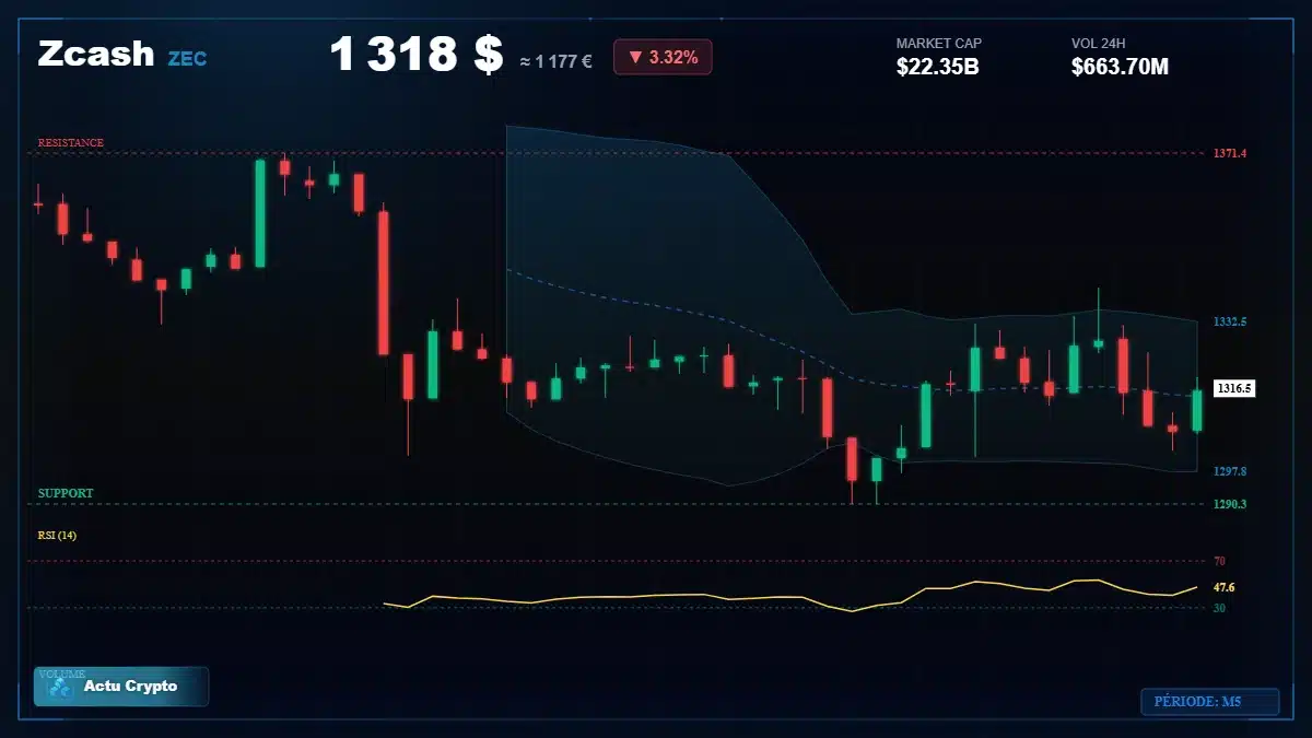 Graphique du cours Zcash à 1318 $ Analyse technique du cours de Zcash de zcash à 1318 $ aujourd'hui