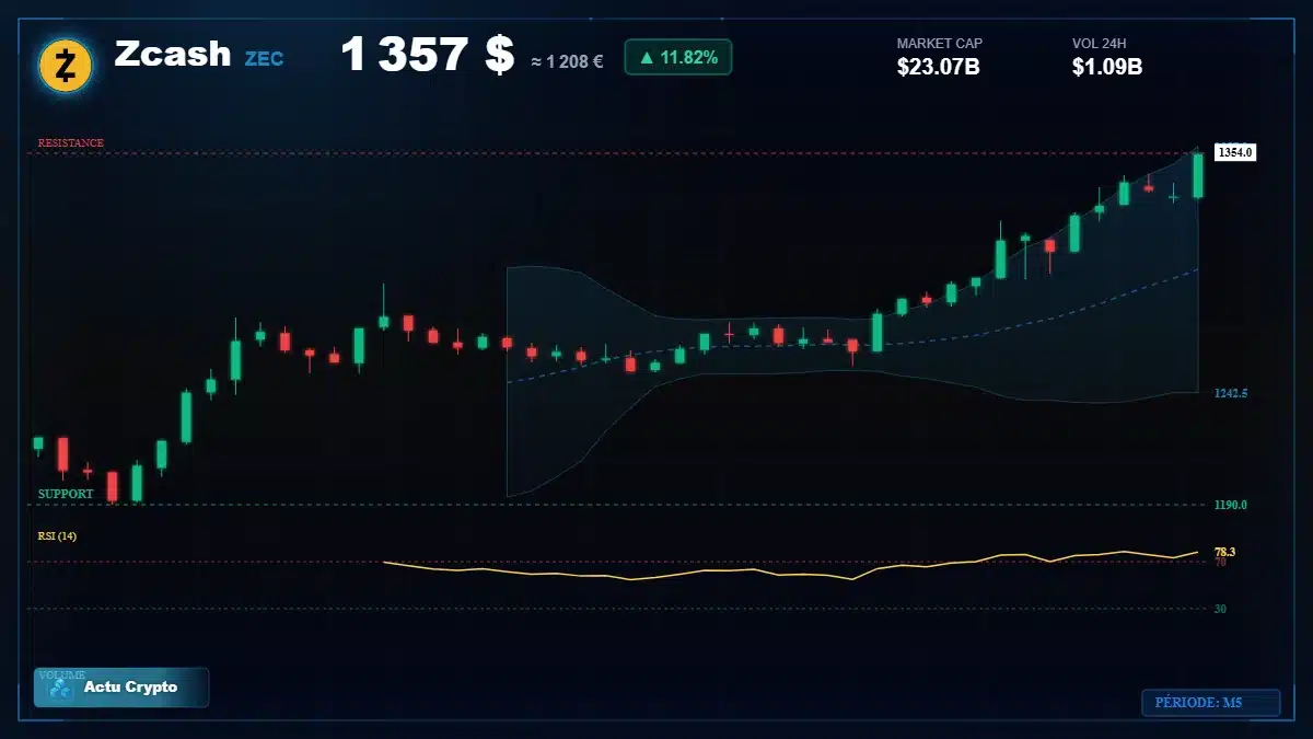 Graphique du cours Zcash à 1357 $ Analyse technique du cours de Zcash de zcash à 1357 $ aujourd'hui