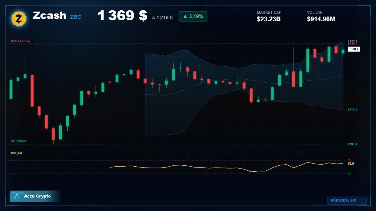 Graphique du cours Zcash à 1369 $ Analyse technique du cours de Zcash de zcash à 1369 $ aujourd'hui