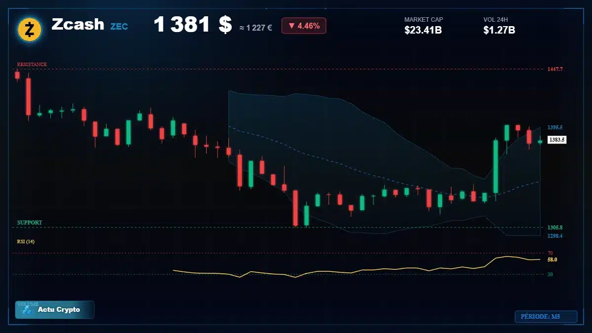 Graphique du cours Zcash à 1381 $ Analyse technique du cours de Zcash de zcash à 1381 $ aujourd'hui