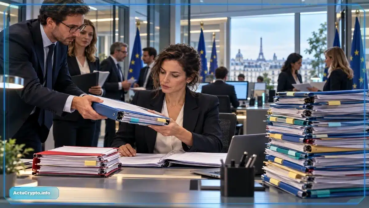 Photo réaliste d’une responsable conformité française contrôlant un dossier MiCA européen, devant une majorité de licences étrangères et une pile plus réduite d’agréments délivrés en France.
