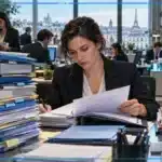 Photo réaliste d’une responsable conformité française examinant une grande majorité de dossiers crypto venus d’autres pays européens, tandis qu’une pile plus réduite représente les agréments délivrés en France.