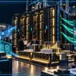 Photo réaliste d’un data center IA où données traçables, financement de GPU et calcul blockchain distribué convergent vers une infrastructure commune, avec l’utilité économique comme enjeu central.