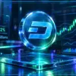 Symbole Dash en hologramme 3D devant un graphique de marché avec niveaux techniques, prix à 54 $ et hausse quotidienne.
