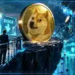 Logo Dogecoin en 3D devant un graphique baissier avec le prix 0,0886 $, la baisse de 5,44 % et le volume sur 24 heures.
