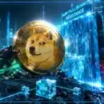 Pièce Dogecoin en 3D devant un graphique de marché montrant une résistance proche et une hausse du volume.