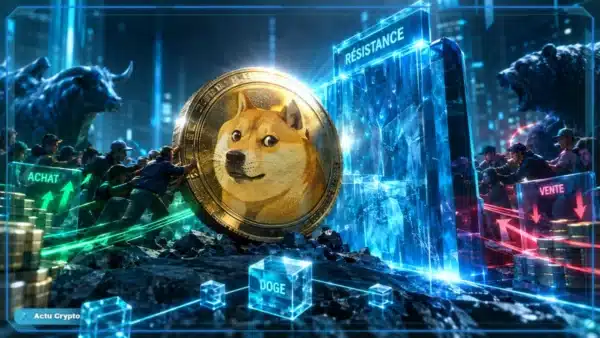 Pièce Dogecoin en 3D devant un graphique de marché montrant une résistance proche et une hausse du volume.