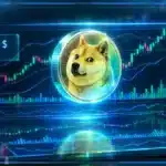 Symbole Dogecoin en hologramme 3D devant un graphique de marché avec résistance, prix à 0,0800 $ et variation