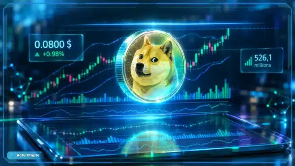 Symbole Dogecoin en hologramme 3D devant un graphique de marché avec résistance, prix à 0,0800 $ et variation