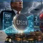 Photo réaliste d’un dossier judiciaire américain examinant deux opérations crypto distinctes liées aux Émirats, avec investissement en capital, règlement en stablecoin et balance de justice encore neutre.