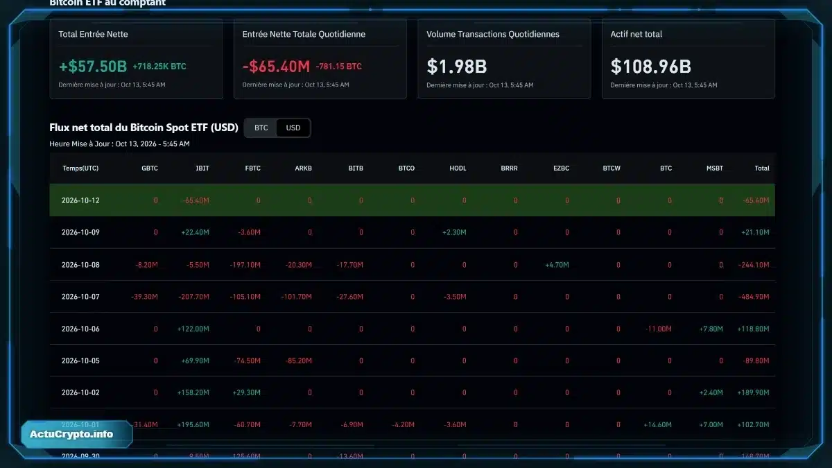 Graphique de coinglass montrant les flux des ETF Bitcoin