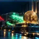 Photo réaliste de Bitcoin au-dessus de 81 500 dollars tandis qu’un grand canal ETF attribué à BlackRock attire des capitaux encore provisoires, avec Fidelity en soutien avant la décision de la Fed.