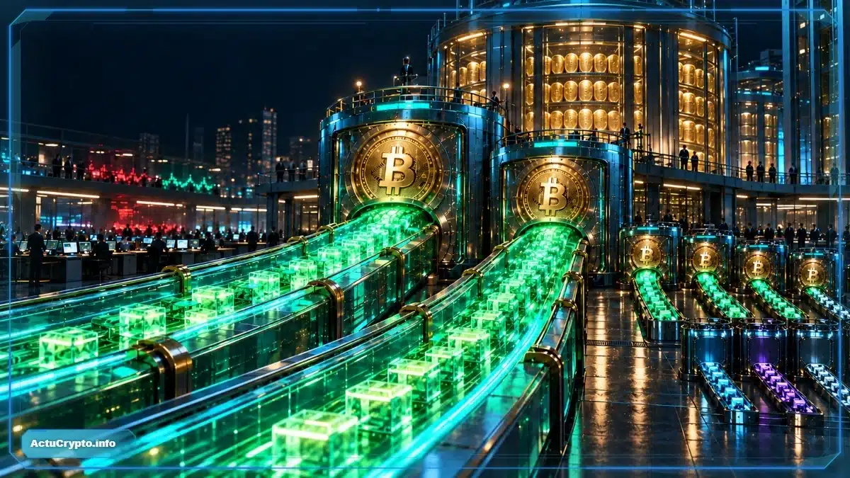 Photo réaliste de deux grands canaux institutionnels concentrant la majorité des souscriptions ETF Bitcoin, tandis que plusieurs véhicules plus petits enregistrent également des entrées positives.