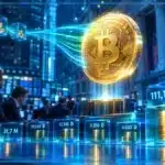 Pièce Bitcoin éclairée par un flux lumineux institutionnel qui se resserre