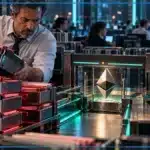 Photo réaliste d’un desk Ethereum après une forte liquidation des positions longues, tandis que le rebond commence à forcer quelques vendeurs à découvert à racheter leurs positions.
