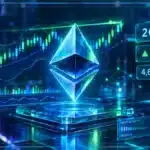 Symbole Ethereum en hologramme 3D devant un graphique de trading affichant 2 694 $, une hausse de 0,53 % et des zones