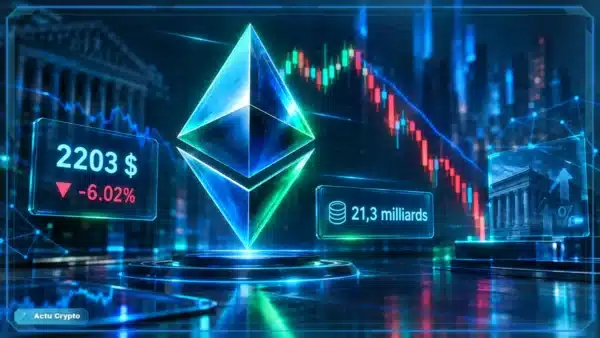 Symbole Ethereum en 3D devant un graphique baissier affichant 2 203 $, une baisse de 6,02 % et un volume de 21,3