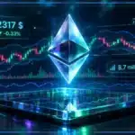 Symbole Ethereum holographique devant un graphique technique montrant le support à 2 295 $ et la résistance à 2 338 $