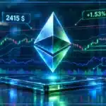 Symbole Ethereum en hologramme 3D devant un graphique de marché avec lignes de support et résistance