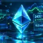 Symbole Ethereum en 3D devant un graphique de marché avec le prix 2432 $, une variation positive et des niveaux