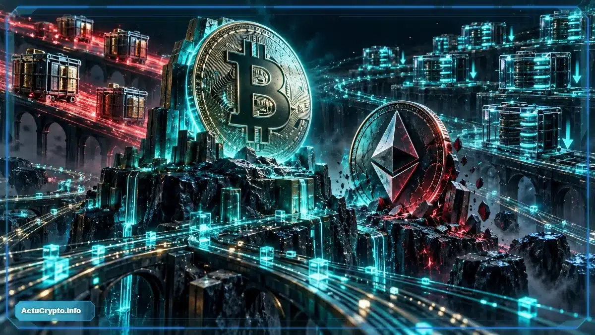 Représentation réaliste de Bitcoin dominant Ethereum tandis que des paniers ETF quittent le marché et que l’exposition aux contrats perpétuels se contracte légèrement.