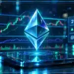Symbole Ethereum en hologramme 3D devant un graphique de marché avec résistance, volume et indicateurs techniques