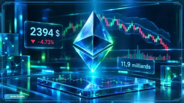 Symbole Ethereum en hologramme 3D devant un graphique baissier avec niveau de support et données de marché.