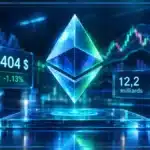 Symbole Ethereum en hologramme 3D au-dessus d’une tablette de trading avec graphique, support, résistance et prix à 2