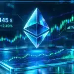 Symbole Ethereum holographique au-dessus d’une tablette de trading avec graphique en bougies, volume et niveaux