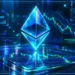 Symbole Ethereum en 3D devant un graphique de marché avec niveaux de support, RSI et volume
